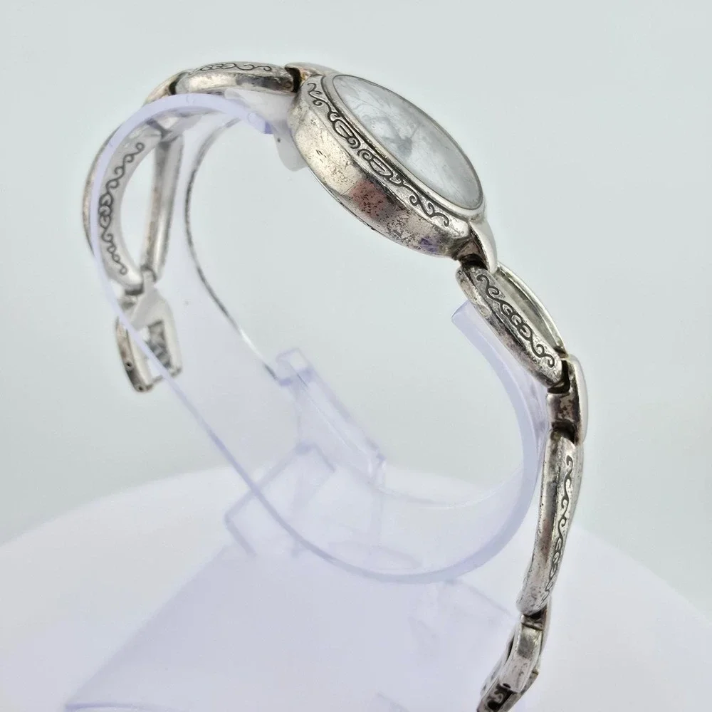 BRIGHTON 'Alta' Watch Petite Link Bracelet Etched Scrollwork Silver Plate 6.5